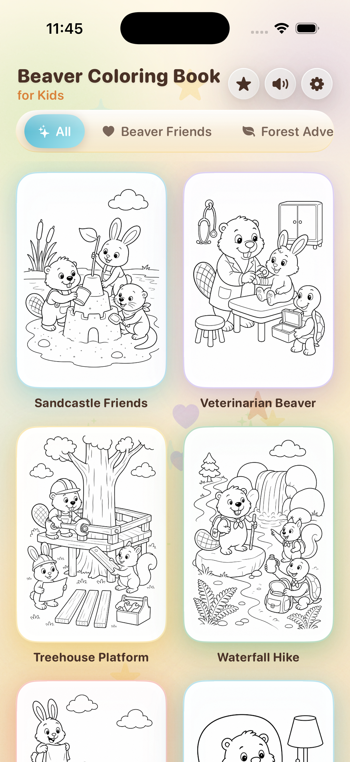 The Beaver Coloring Book for Kids app showing four animal coloring pages