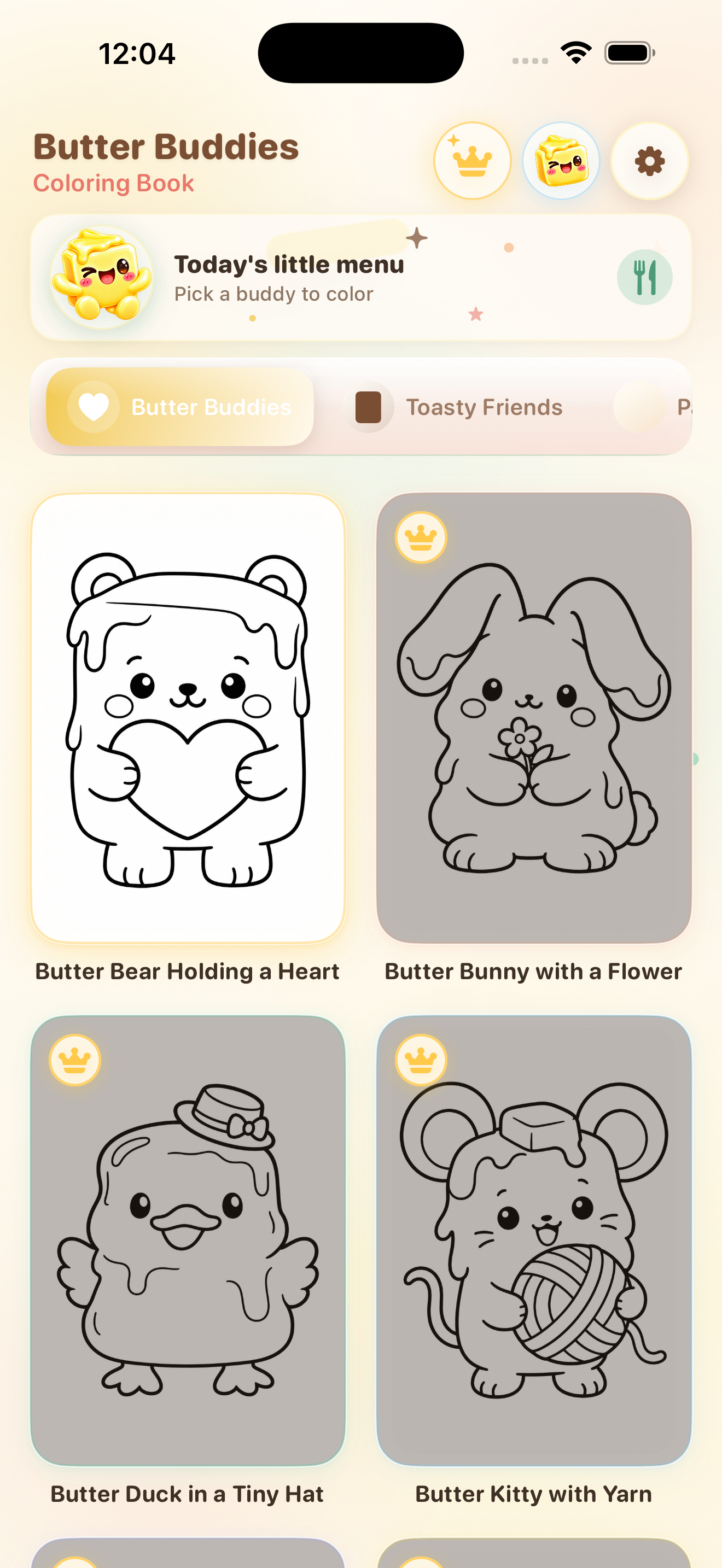 Butter Buddies app home screen showing a daily menu and a grid of buddy coloring pages