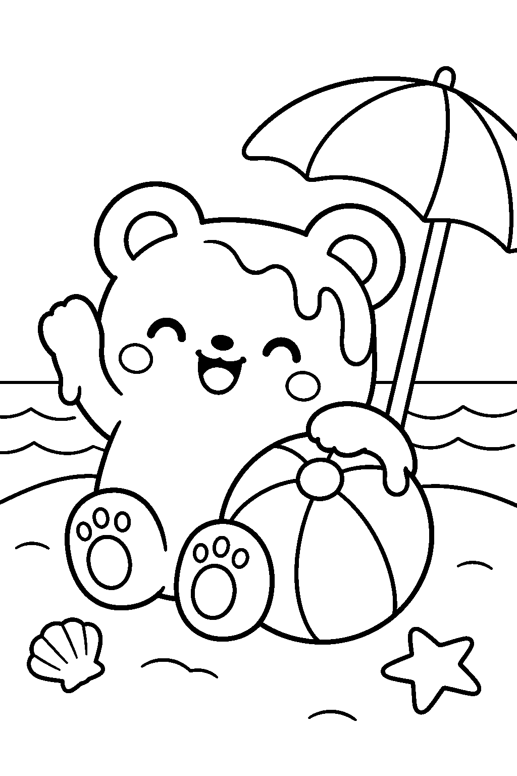 Butter Bear enjoying a beach day coloring page