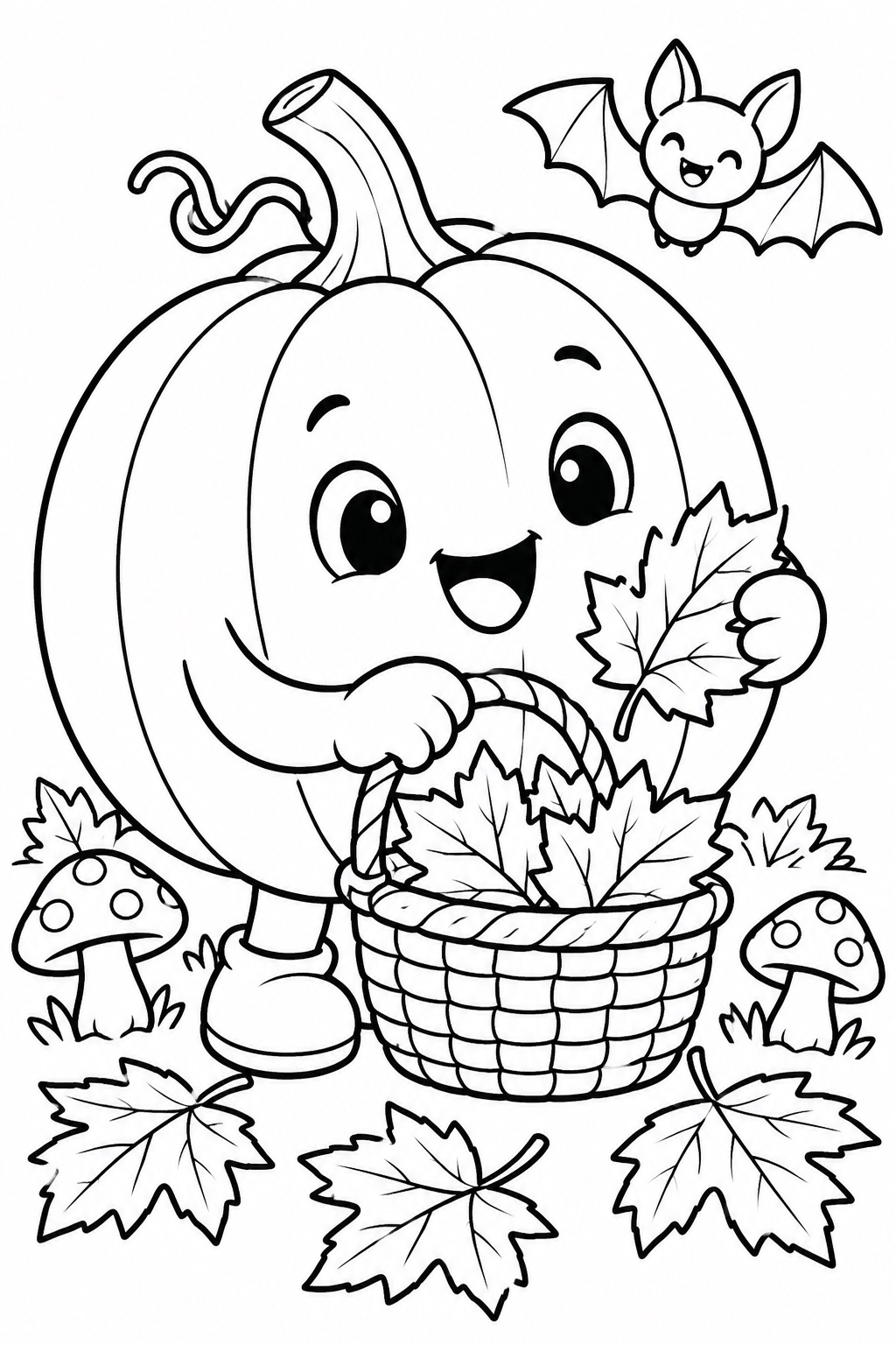 Pumpkin collecting autumn leaves
