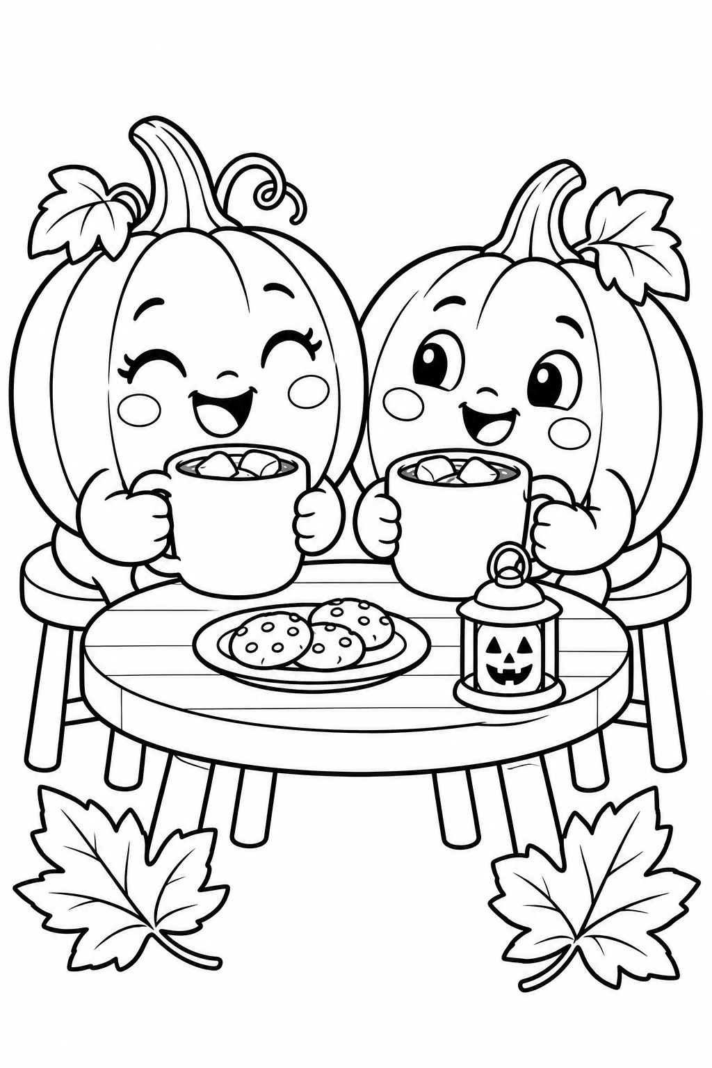 Two pumpkin friends sharing cocoa