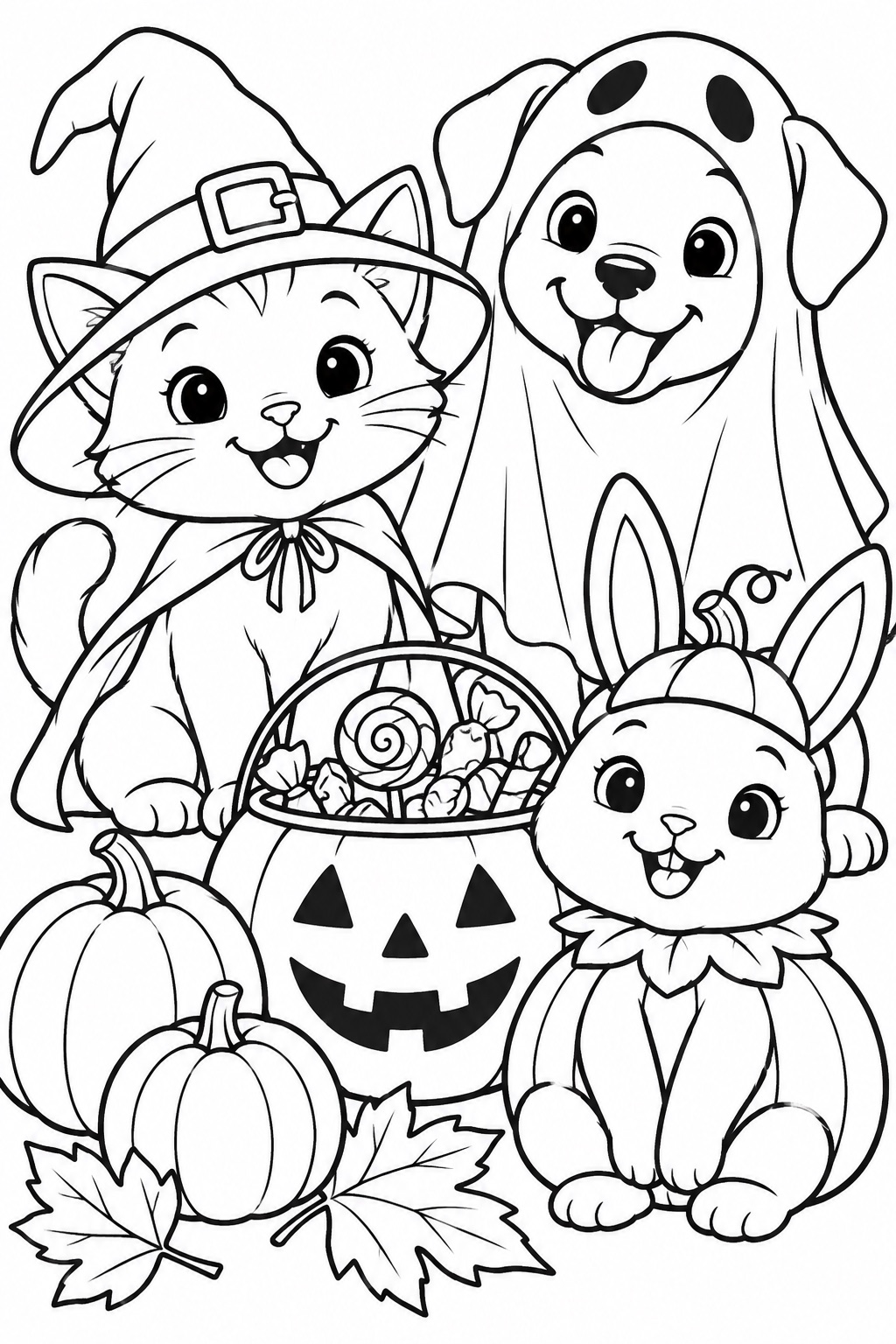 Halloween pet friends gathered around candy