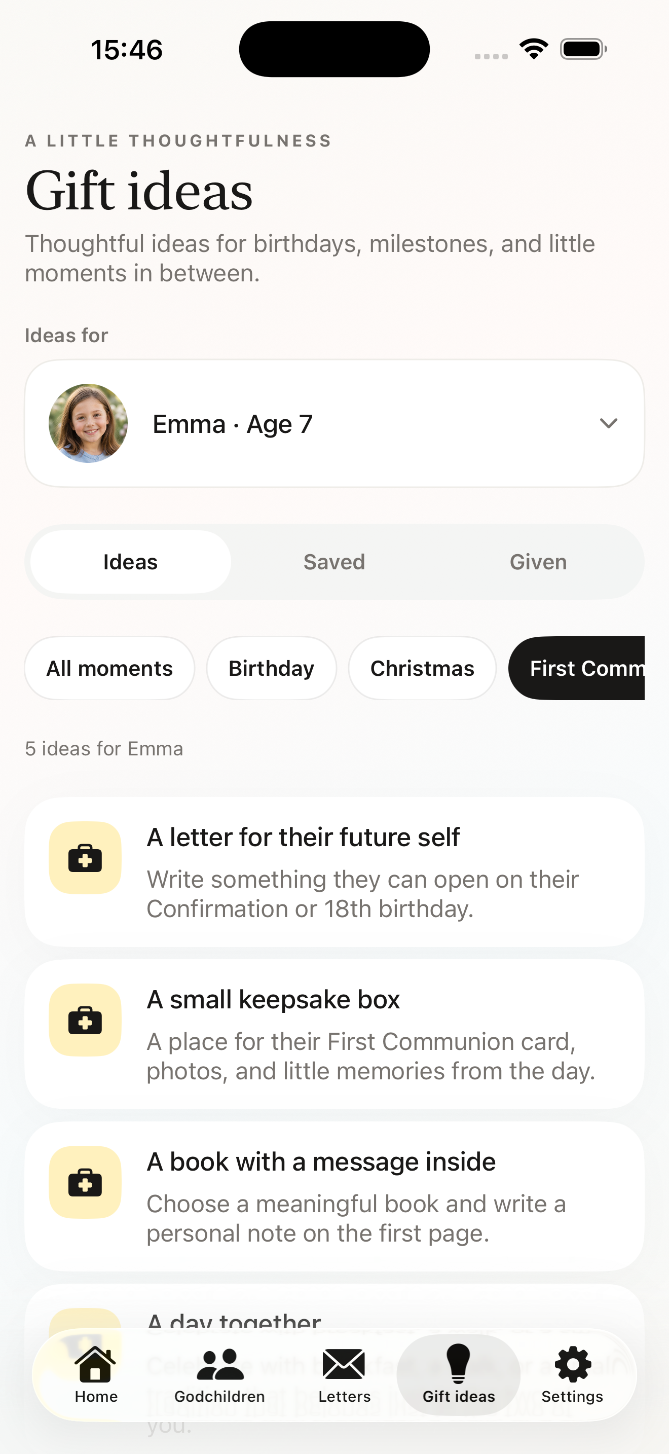 Gift ideas screen with thoughtful suggestions for a godchild
