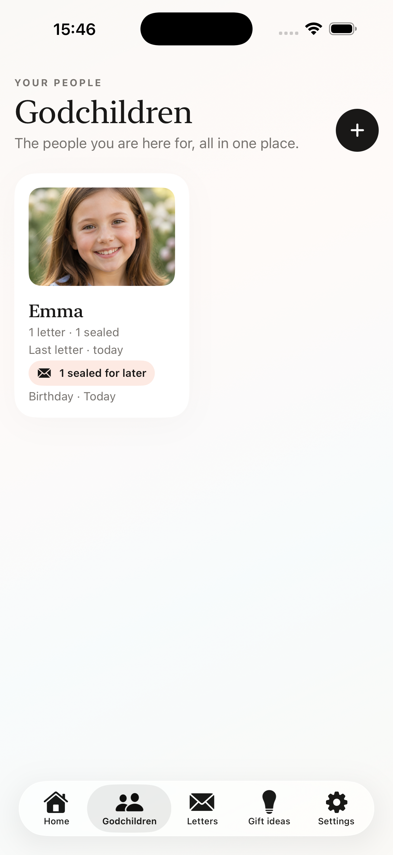 Godchildren screen with a profile card for Emma