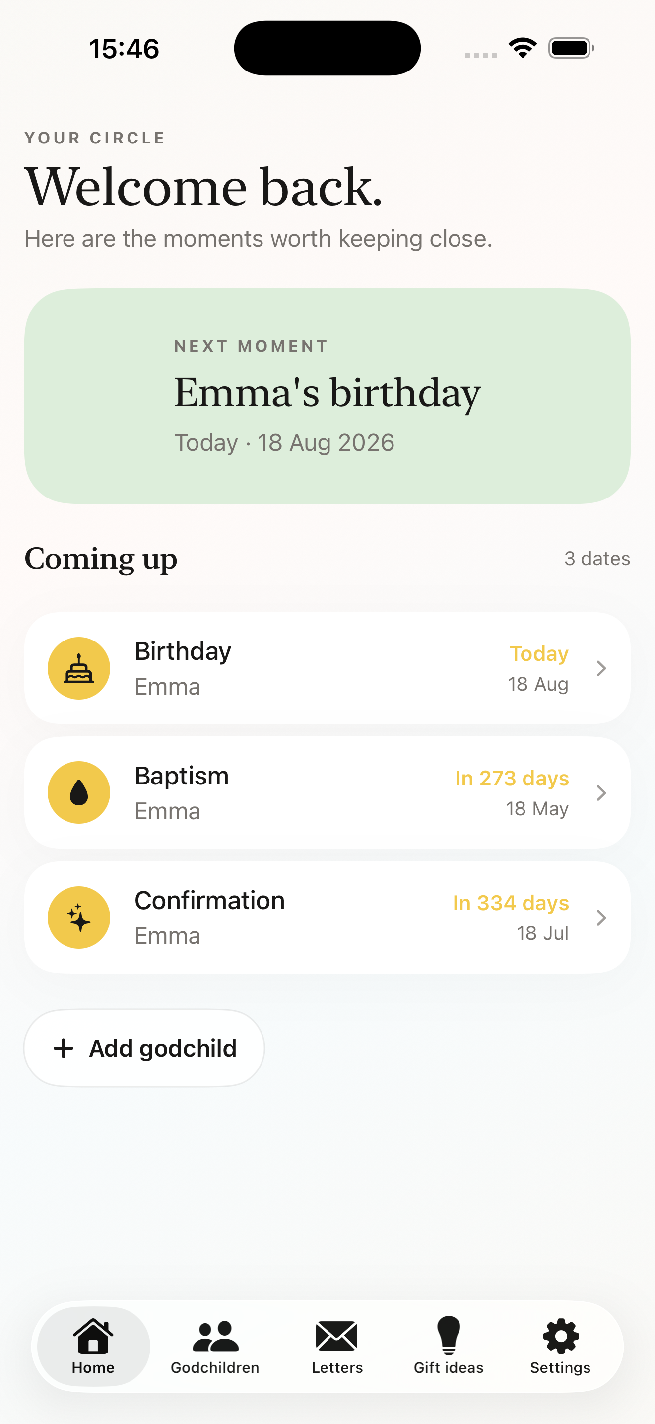 Godparent home screen showing a godchild's upcoming birthday, baptism, and confirmation