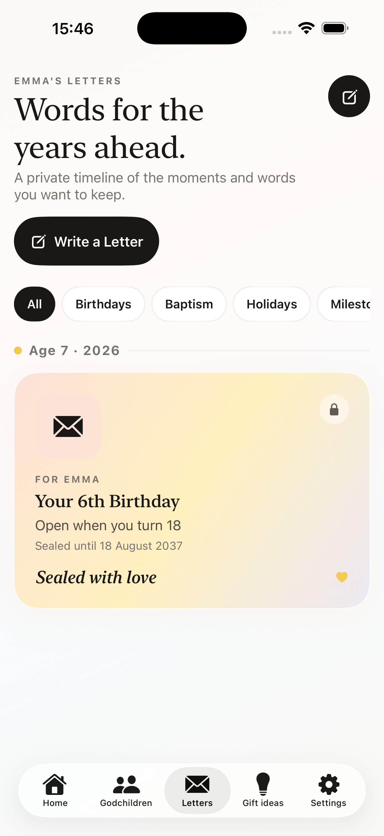 Letters screen showing a sealed letter for a godchild's future birthday
