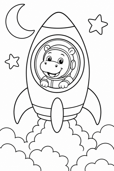 Hippo astronaut in a rocket ship coloring page