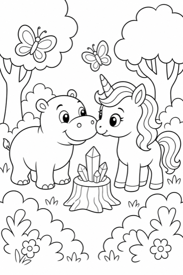 Unicorn in an enchanted clearing coloring page