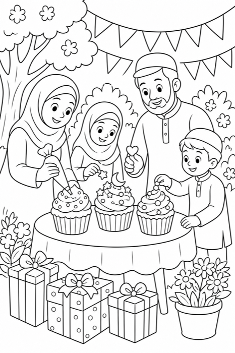 Eid Garden cupcake party coloring page