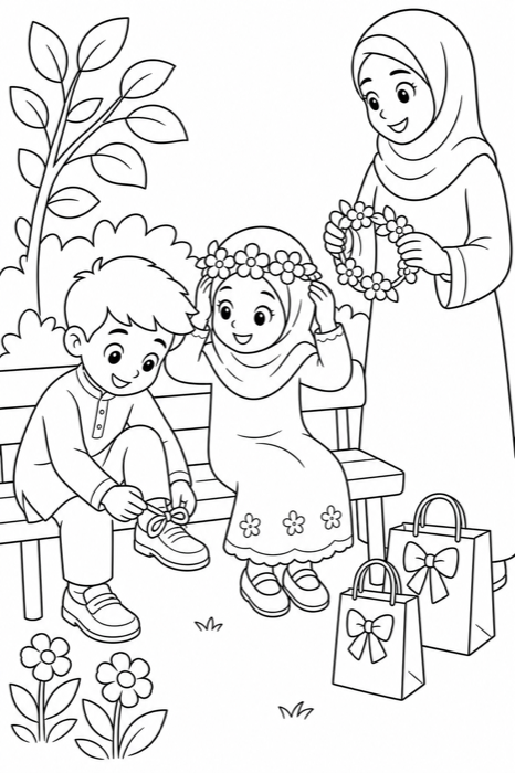 Eid Garden coloring page — Eid shoes and flower crowns