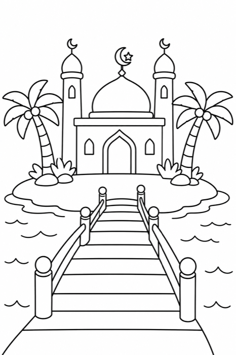 Masjid Island coloring page — bridge to the island mosque