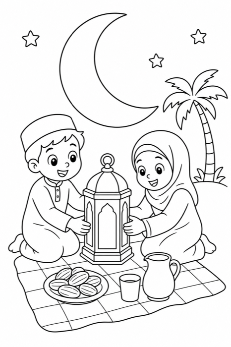 Ramadan Moon coloring page — lantern picnic under the crescent
