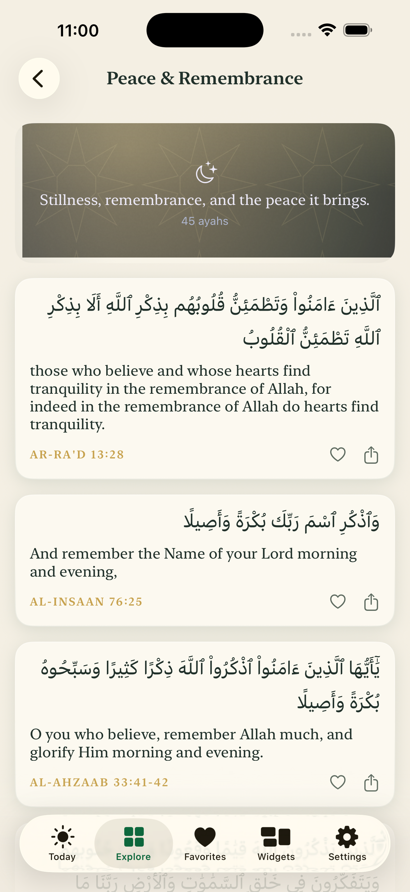 Peace and Remembrance collection with ayahs about tranquility and remembering Allah