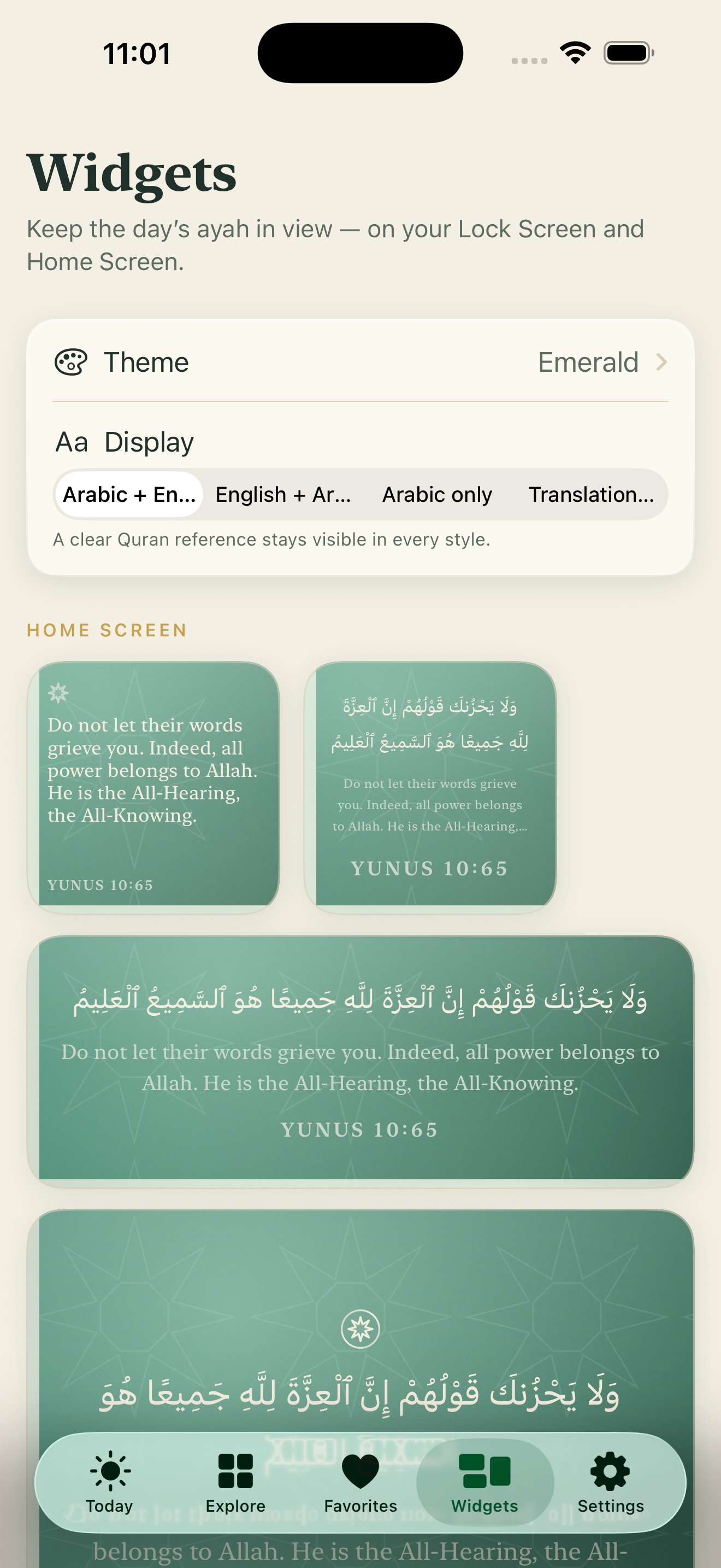 Widgets settings screen with Emerald theme, Arabic and English display options, and Home Screen widget styles