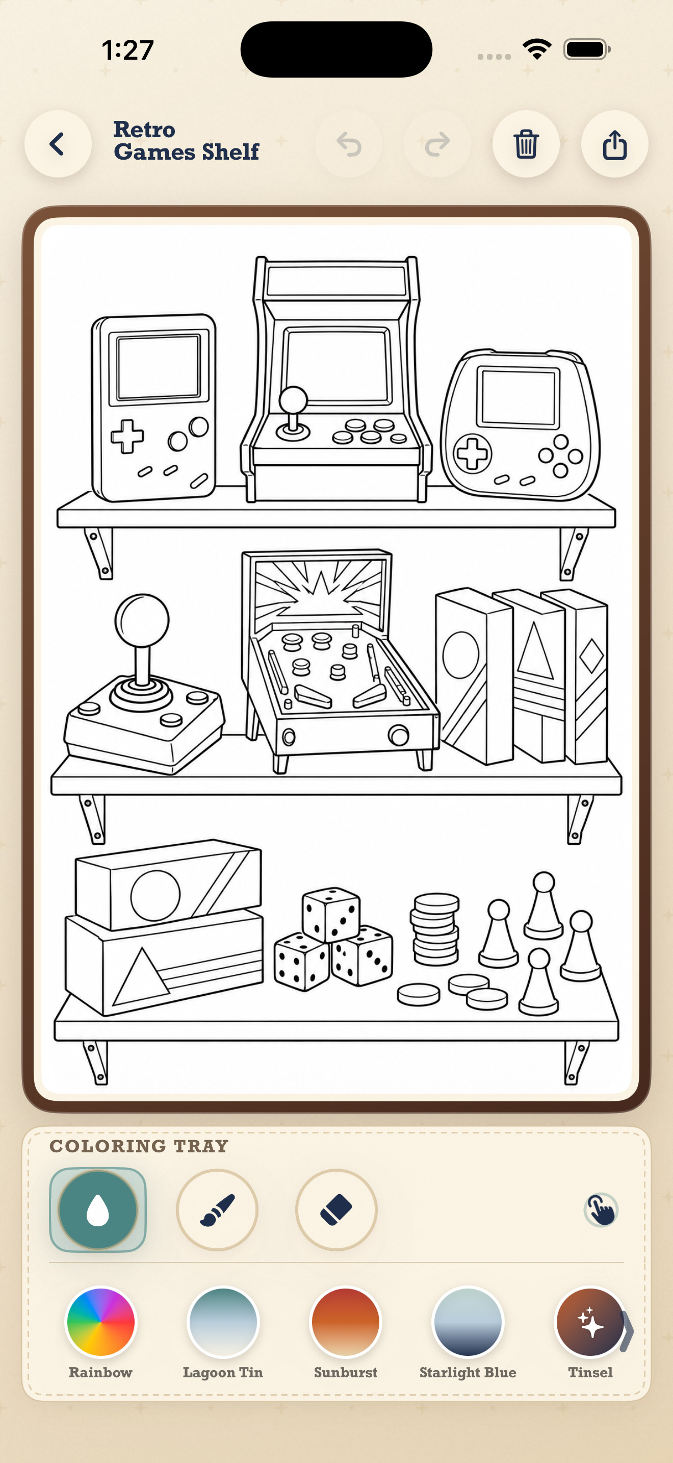 Retro Toy Box Coloring screen showing a coloring tray beneath a shelf of game illustrations
