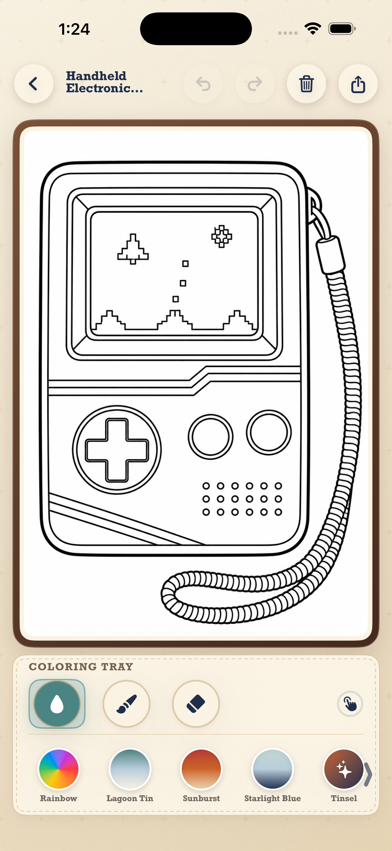 App screen with a handheld electronic toy coloring page