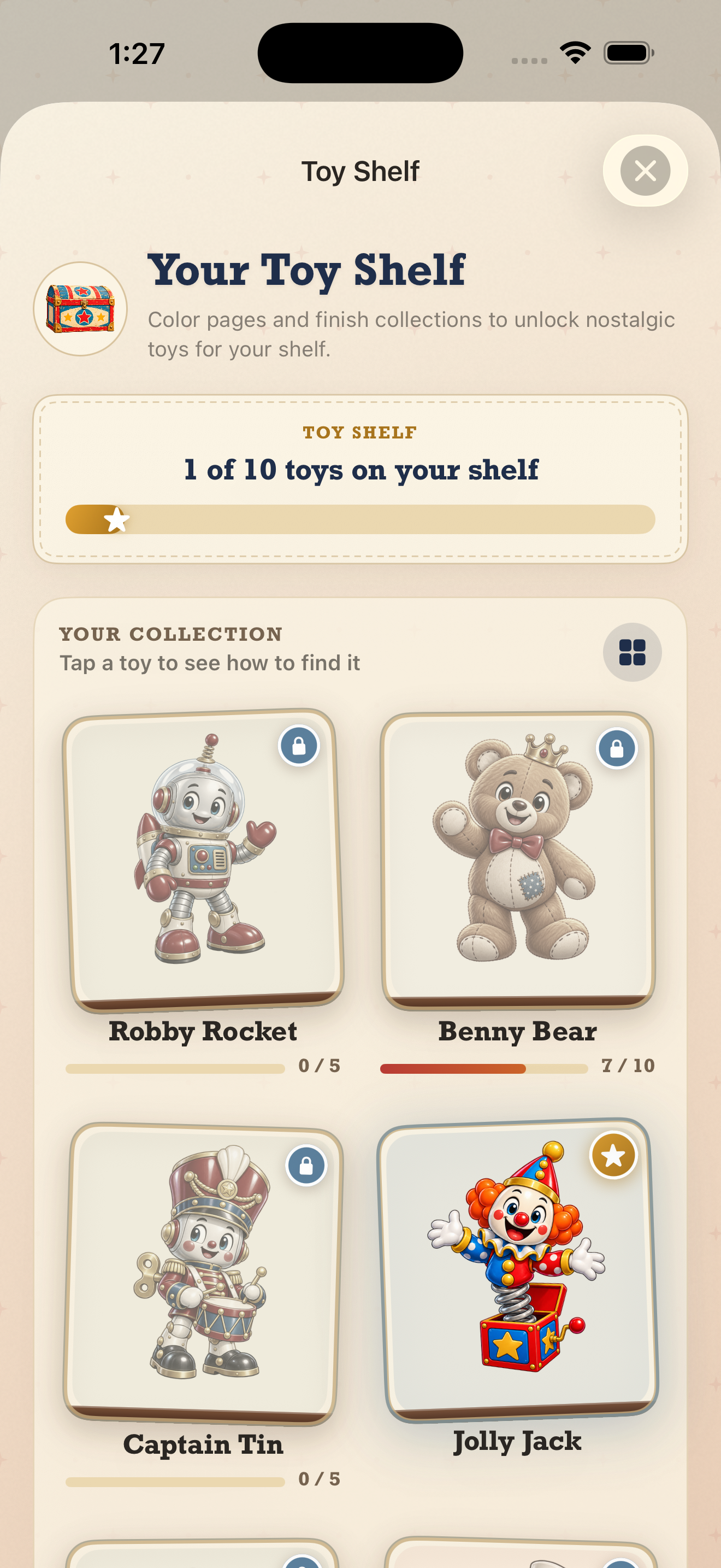 Toy Shelf screen showing a collection of illustrated toy characters