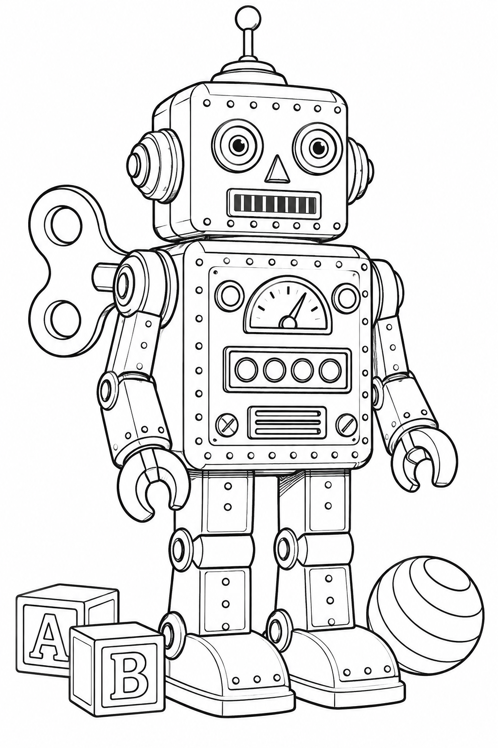 Line drawing of a classic tin robot ready to color