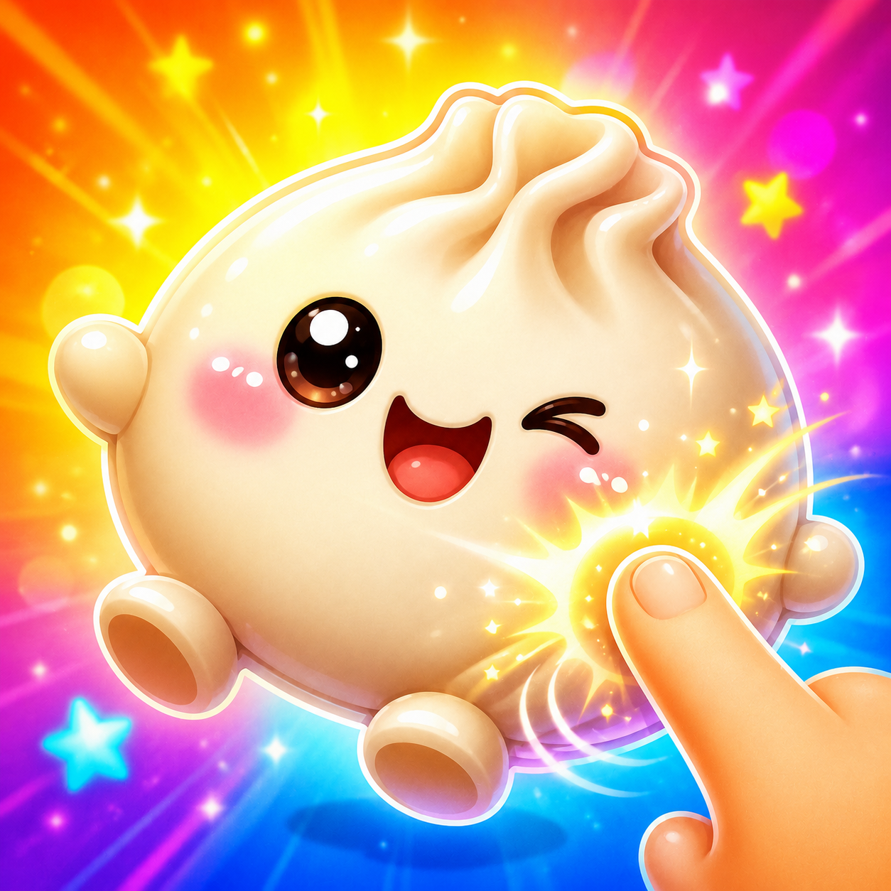 A smiling dumpling glowing with colorful stars