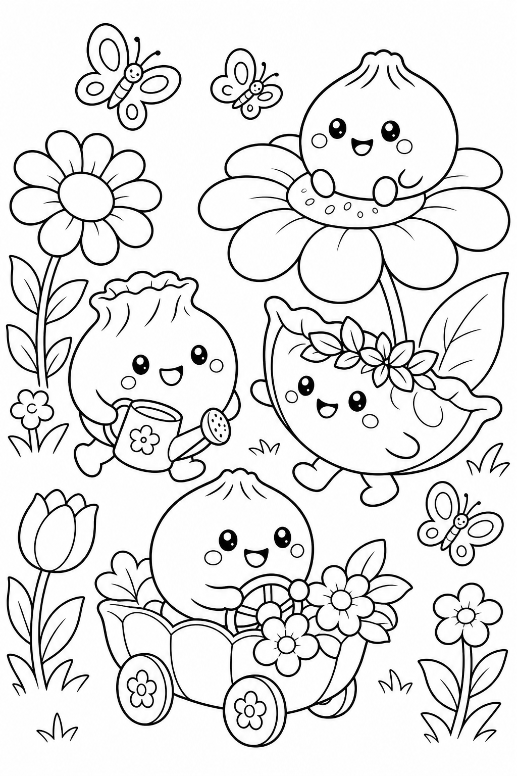 Line-art coloring page with dumplings and flowers in a garden