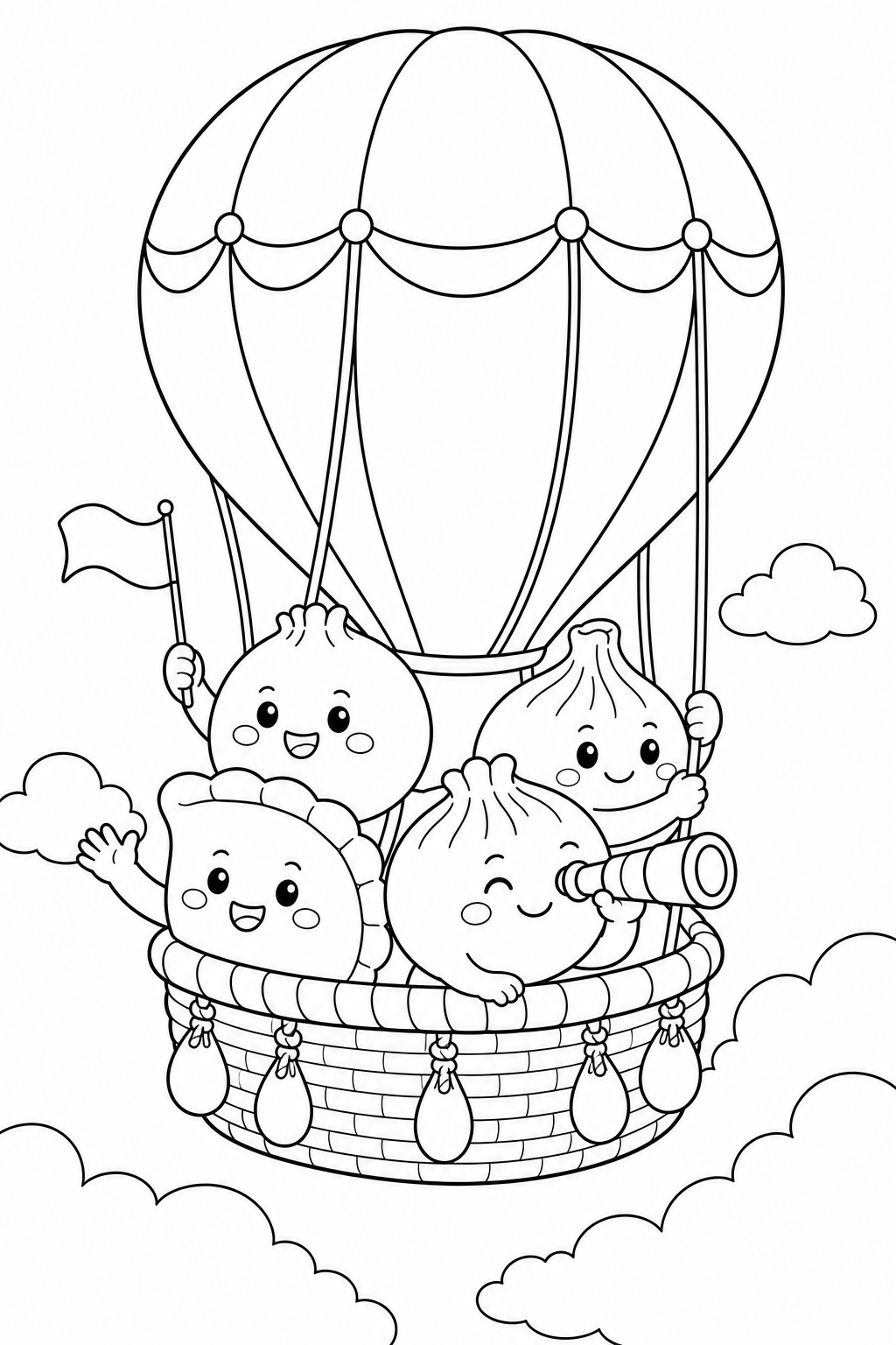 Line-art coloring page with a hot air balloon adventure