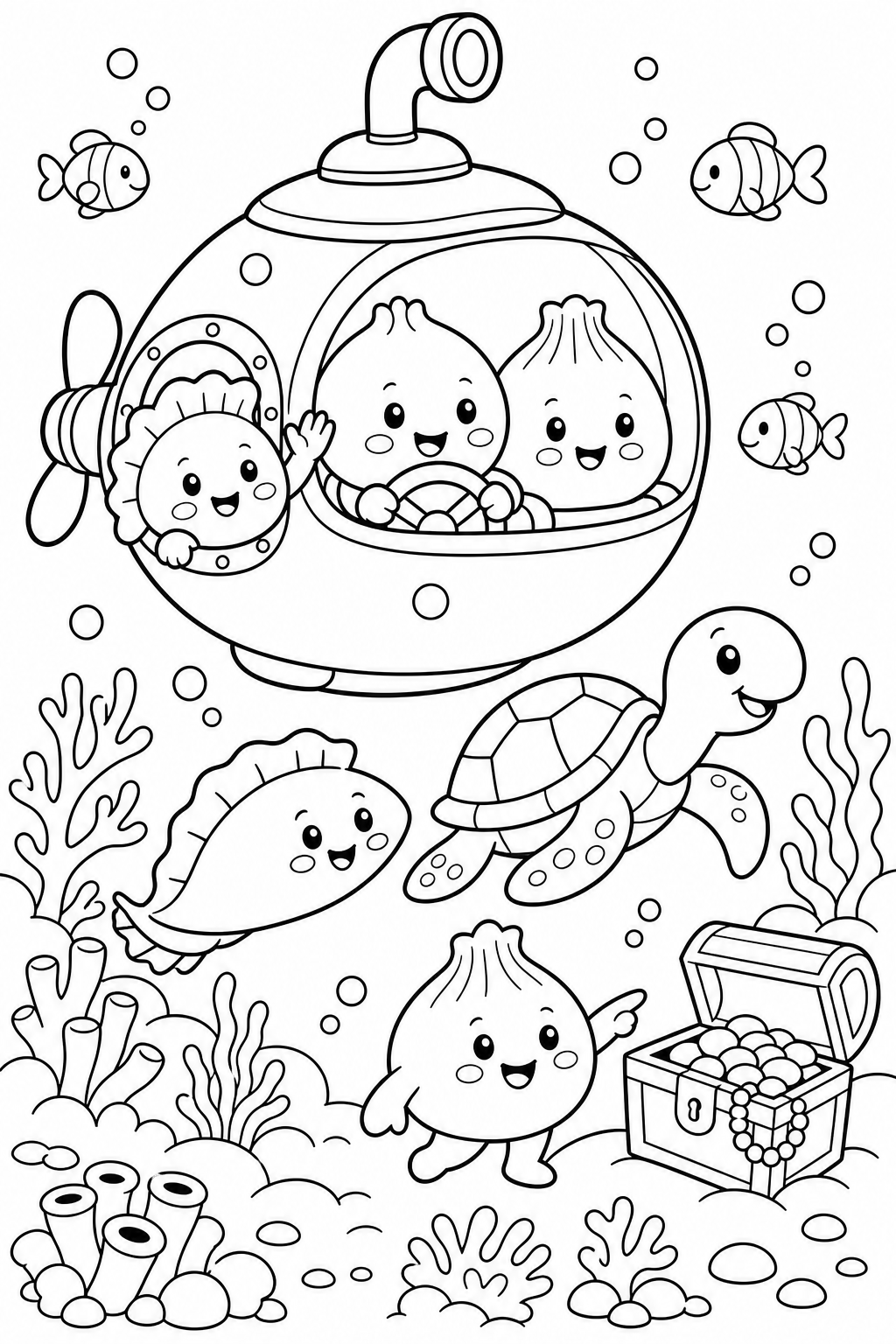 Line-art coloring page with an underwater adventure