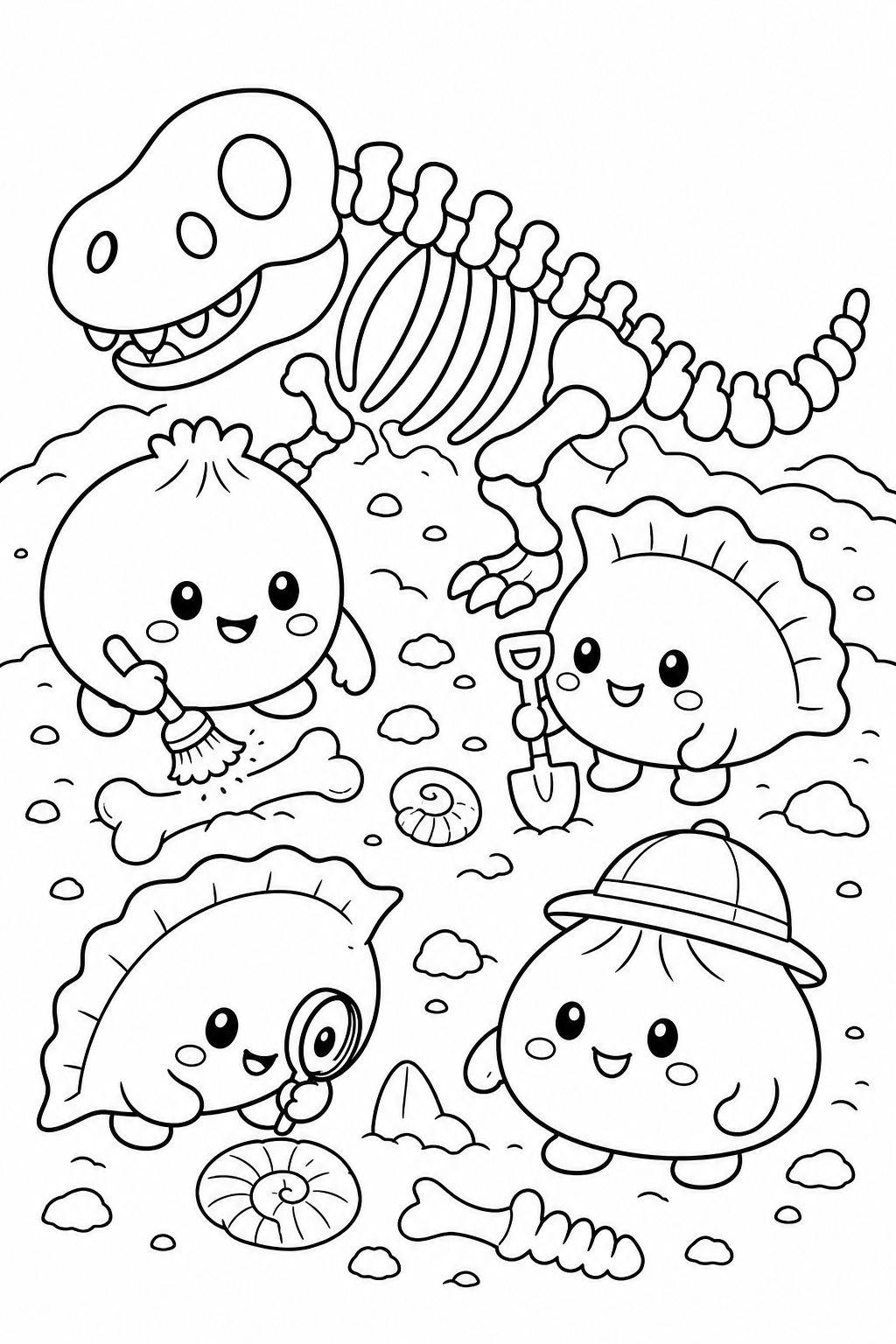 Line-art coloring page with a dinosaur fossil dig