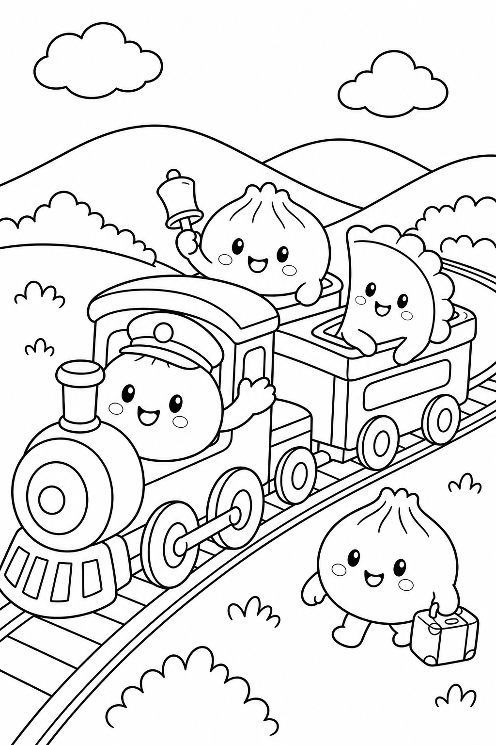 Line-art coloring page with a dumpling train
