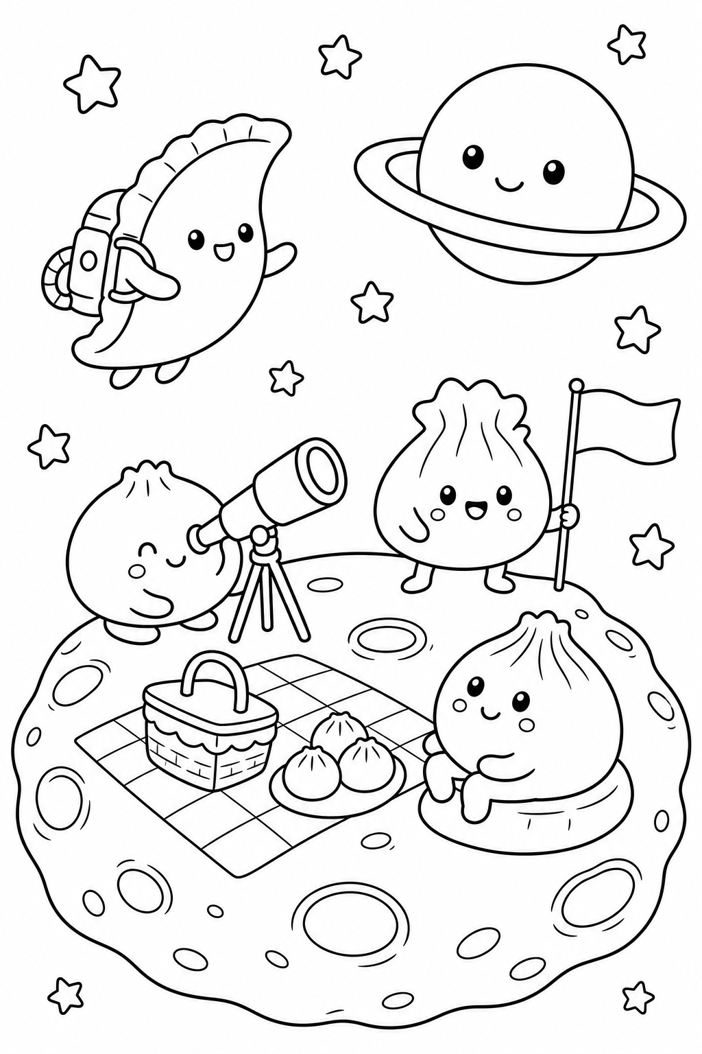 Line-art coloring page with a nighttime moon picnic