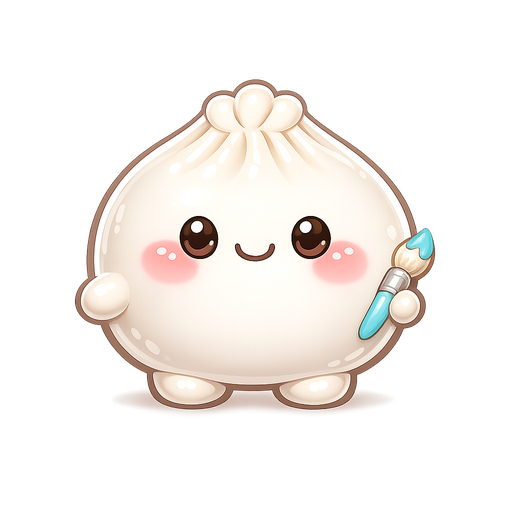 Dampi, a cream-colored dumpling friend holding a paintbrush