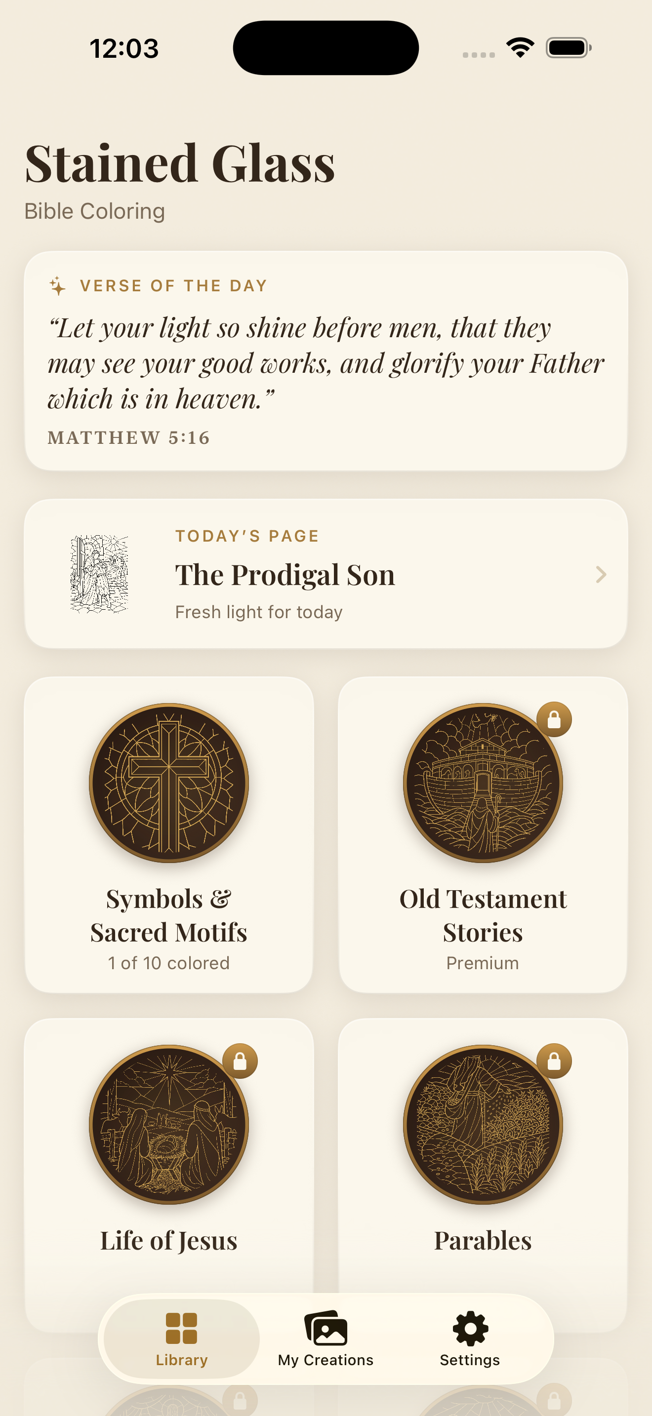 Stained Glass app library showing Bible coloring collections