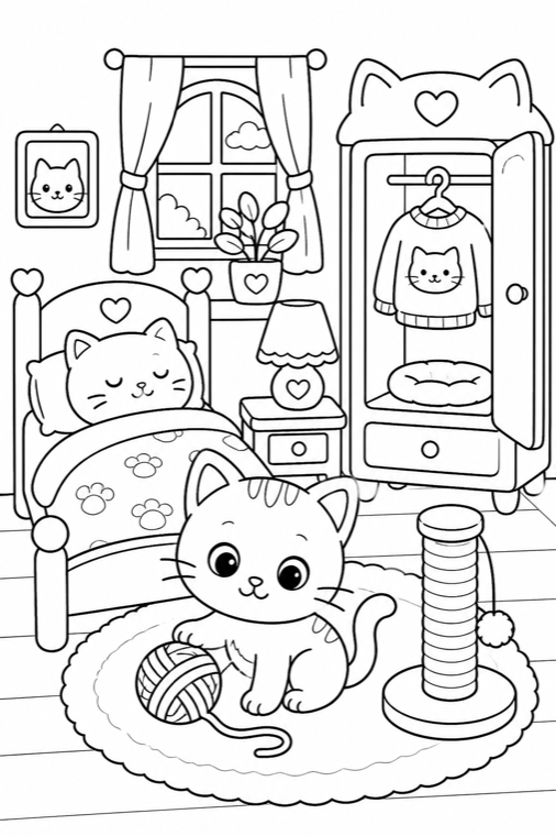 Black and white cat bedroom coloring page