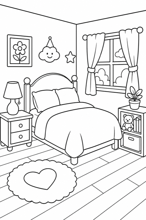 Black and white cozy bedroom coloring page