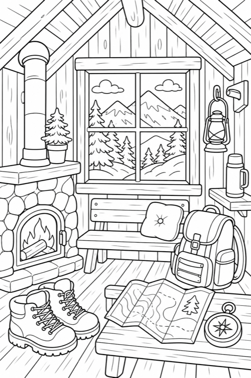 Black and white mountain cabin coloring page