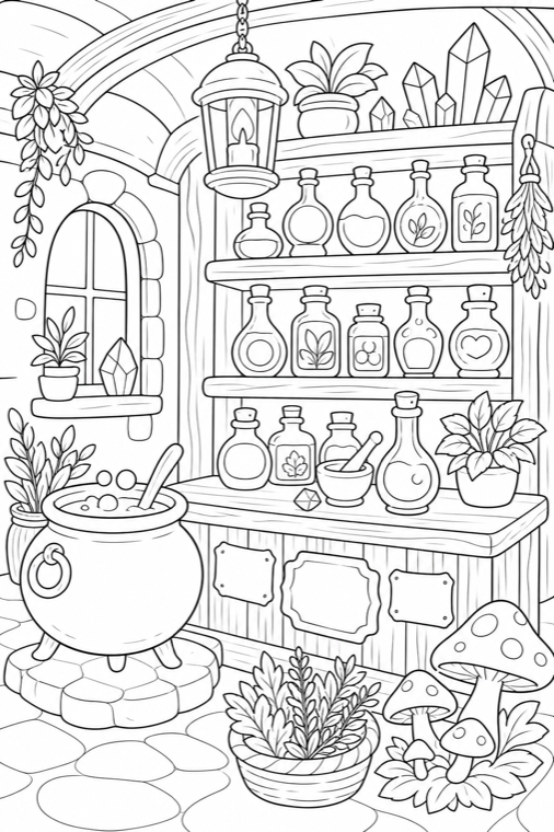 Black and white potion shop coloring page