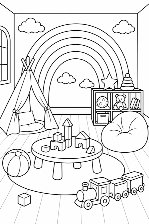 Black and white rainbow playroom coloring page