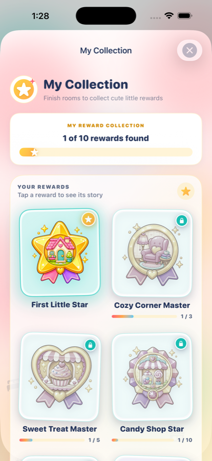 Tiny Rooms collection screen with colorful reward badges