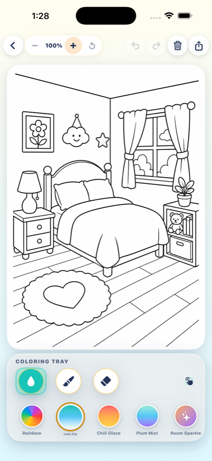 Tiny Rooms coloring screen with a cozy bedroom illustration and color tray