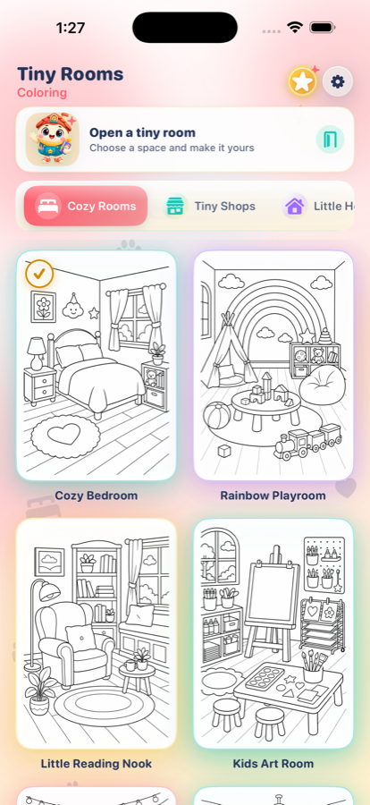 Tiny Rooms cozy room category showing four black and white room illustrations
