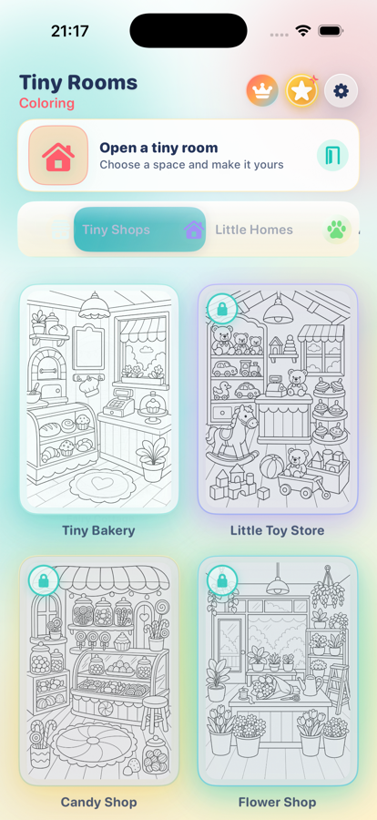 Tiny Rooms home screen showing colorful room categories