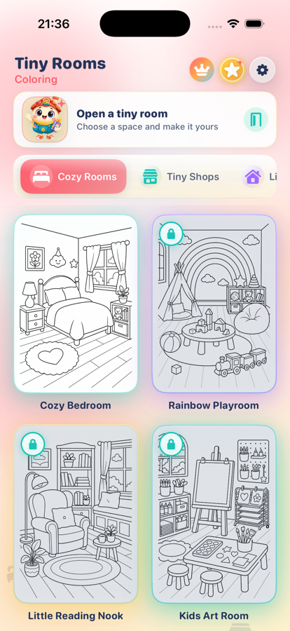 Tiny Rooms home screen with the mascot and cozy room choices