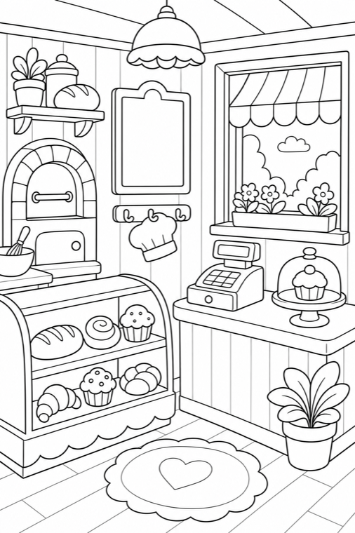 Black and white tiny bakery coloring page